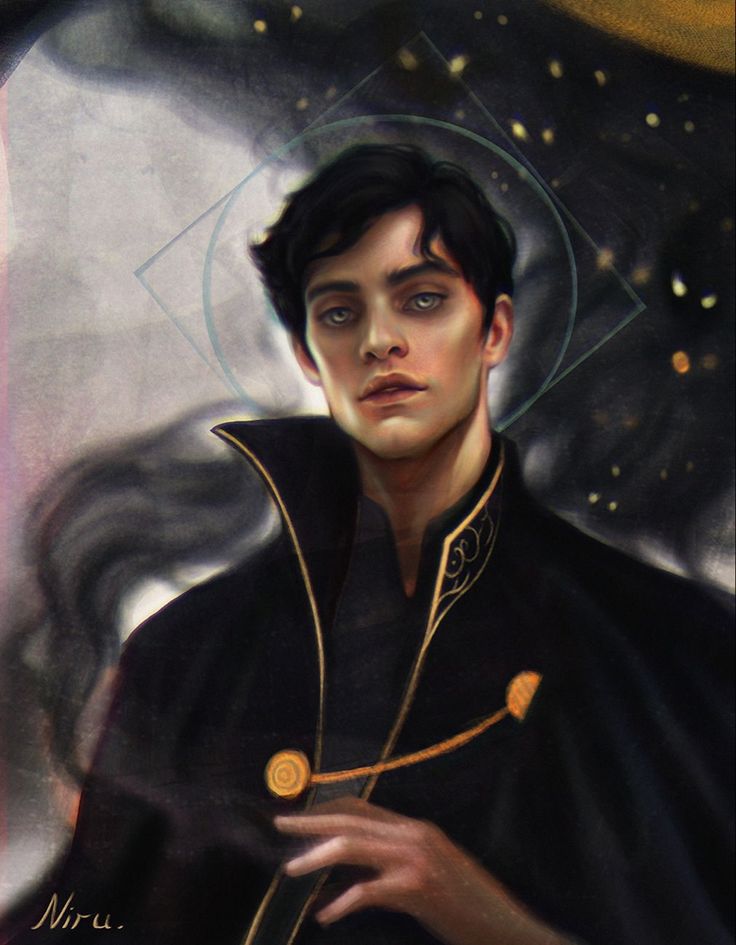 the image is a digital painting depicting a young man with dark hair and eyes, dressed in a dark, elegant cloak with gold detailing. he has a serious, almost pensive expression.  the background is a dark, swirling nebulalike effect with small, golden glowing particles, giving the scene an otherworldly, mystical atmosphere. a faint, geometric halolike shape surrounds his head. the style is highly artistic and dramatic, with strong contrast between light and shadow enhancing the mood and the subject's features. the artist's signature, "niru," is subtly placed in the bottom left corner. the overall impression is one of mystery, power, and high fantasy.