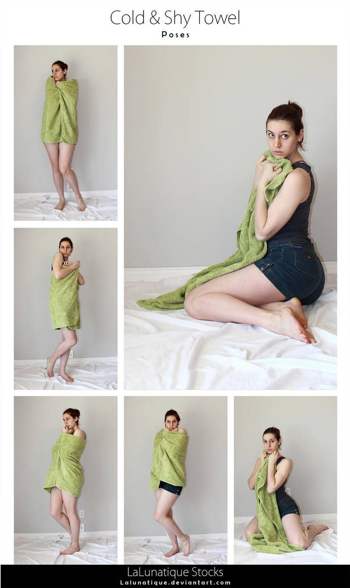 this image is a photography reference sheet showing different poses of a young woman with a green towel. the woman is shown in various poses, including standing, sitting, and kneeling. the background is a white studio backdrop. the image is suitable for artists and designers who need reference material for drawing or painting.