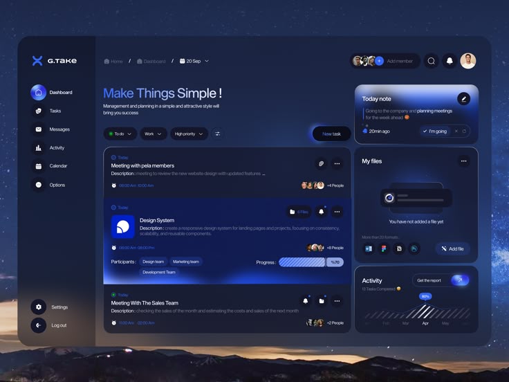 the image shows a dashboard interface design for a project management application. it features sections for tasks, messages, a calendar, files, activities, and meeting management. the design uses a dark theme with a modern aesthetic.