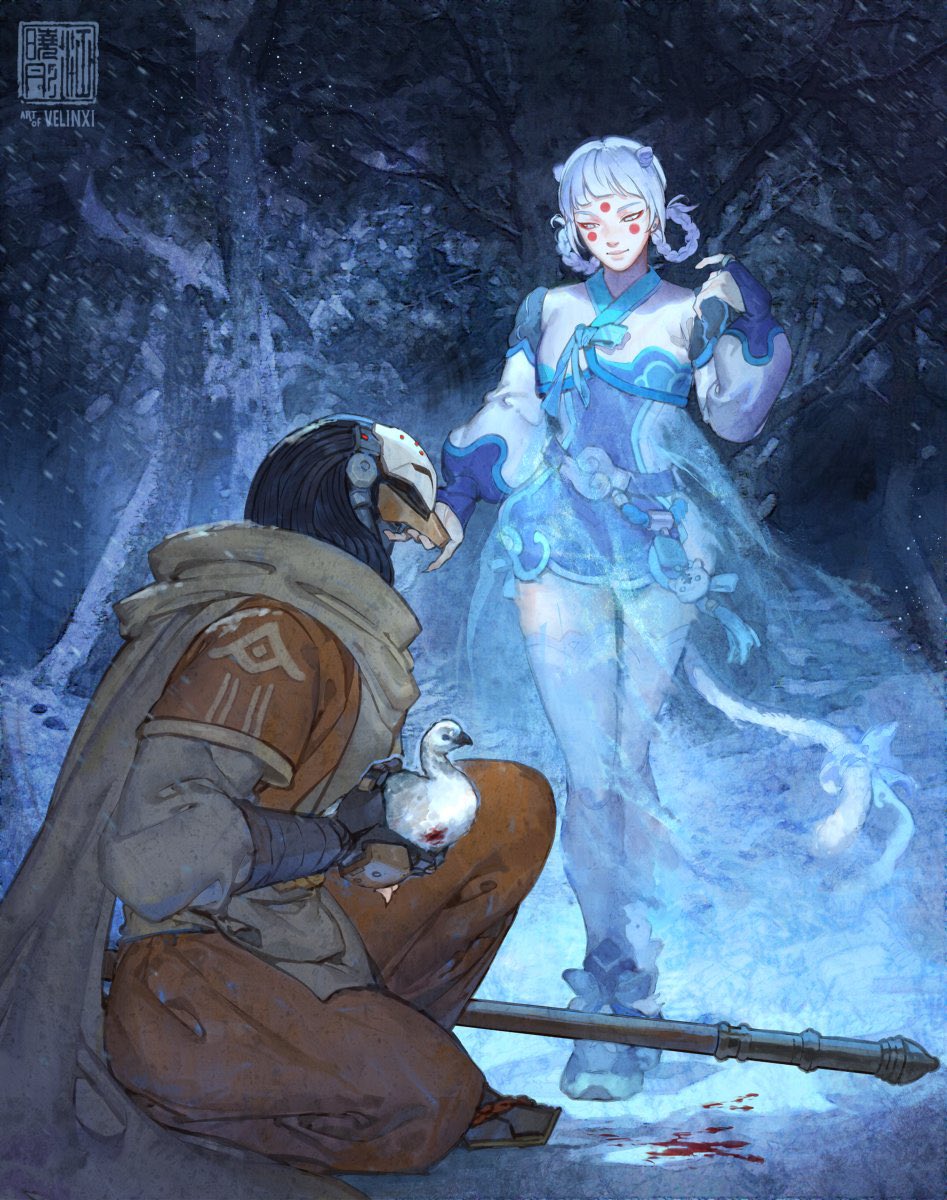 a digital art fantasy piece shows a kneeling figure in a brown outfit, wearing a mechanical mask, holding an injured white dove with blood on it. a translucent female figure stands behind them, wearing traditional asian clothing, with white hair, braids, and red dots on her face. the scene is set in a snowy forest. a staff lays on the ground with a bit of blood on the ground. the style is painterly and detailed.