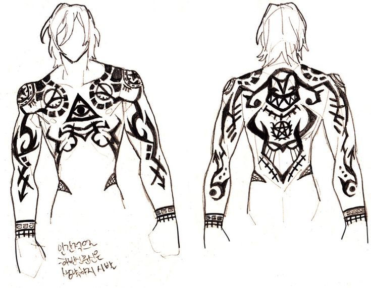 a drawing of a male figure with a tribal tattoo design that covers their entire body. the front and back of the figure are shown, with the tattoo design covering the chest, back, arms, and legs. the design is intricate and detailed, with a variety of geometric shapes, symbols, and lines. the drawing is done in black and white.
