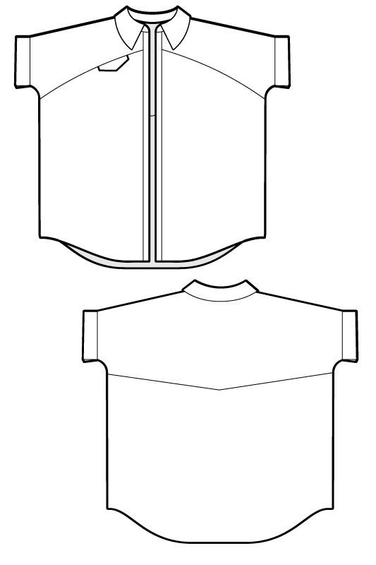 the image shows a line drawing of a shortsleeved buttondown shirt, presented from the front and back views.