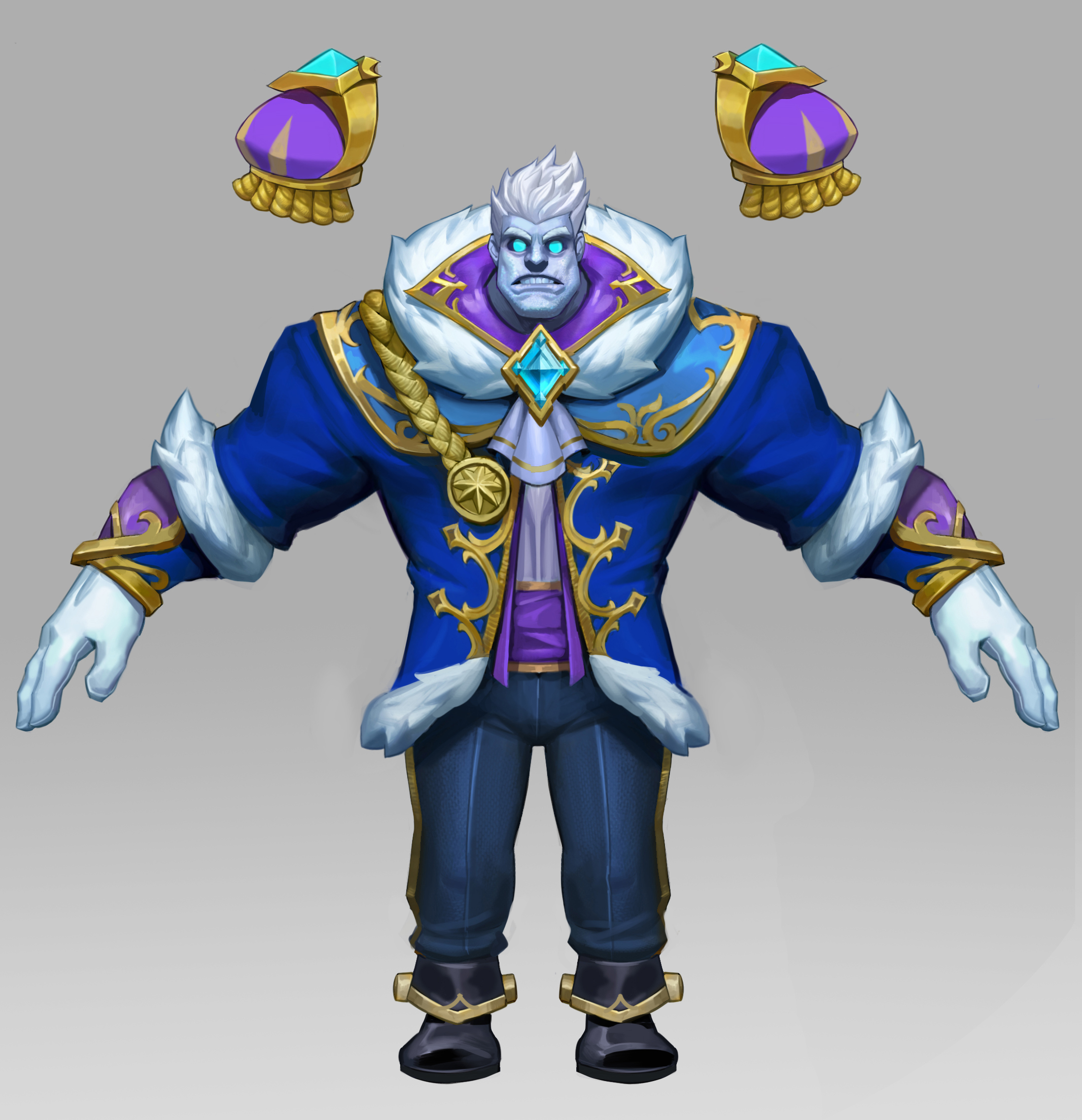 the image presents a concept art turnaround of braum, a champion from the video game league of legends, in a new winterthemed skin.  the art showcases a detailed 3d model of the character from multiple angles. braum is depicted in an elaborate, regal blue and purple outfit trimmed with gold accents. he has a thick fur collar and cuffs and wears ornate gloves with jeweled detailing. the model is presented in a pose with arms outstretched, showing off the design from various viewpoints.  two closeup views of what appear to be jeweled armbands are also shown. the overall aesthetic is one of winter royalty, combining strong, muscular physique with elegant and festive clothing.