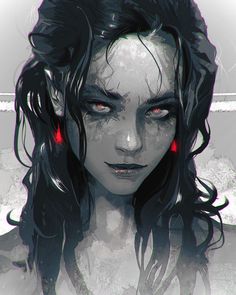 the image depicts a stylized portrait of a woman with pale skin and long dark hair. her eyes are bright red, hinting at a supernatural or otherworldly nature. the art style is dark and somewhat gothic, further enhancing the mysterious and potentially dangerous aura of the subject.