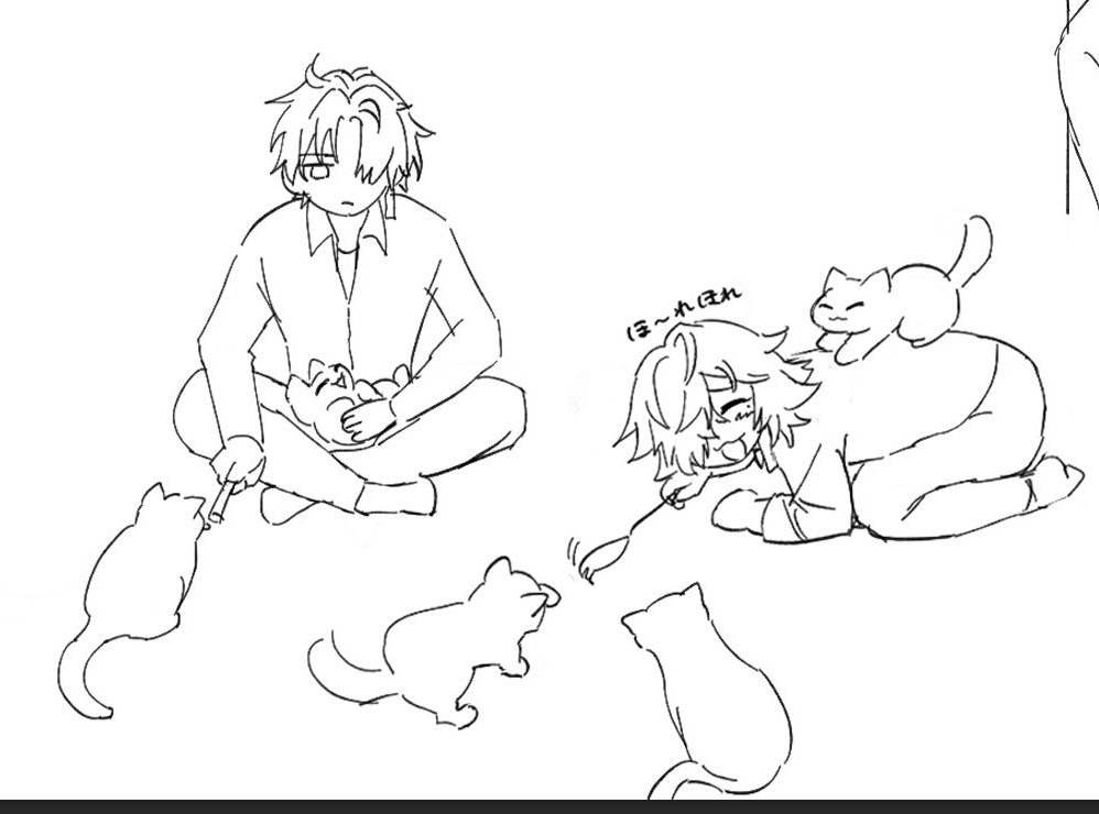 this is a sketch of two anime characters. one character is a girl with a cat on her back, she is on the floor and the cat looks over her shoulder. the second character is a boy, he is sitting on the floor with a cat in his lap. there are two other cats in the drawing, one is near the girl and one is near the boy.  the girl is laughing and the boy has a serious expression. the sketch looks like it was done in a manga style.