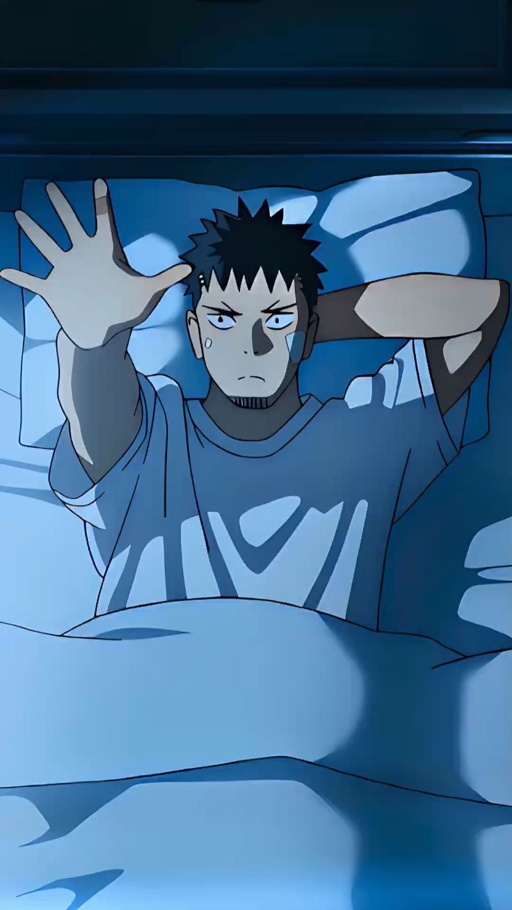 this is a digital illustration of an anime character in bed. he has short, brown hair with black highlights, and he is wearing a white shirt. he is laying down on a blue and white comforter, and he looks tired and exhausted. he is likely dreaming. the art style is similar to manga and has a dark blue background and a lot of shadows.