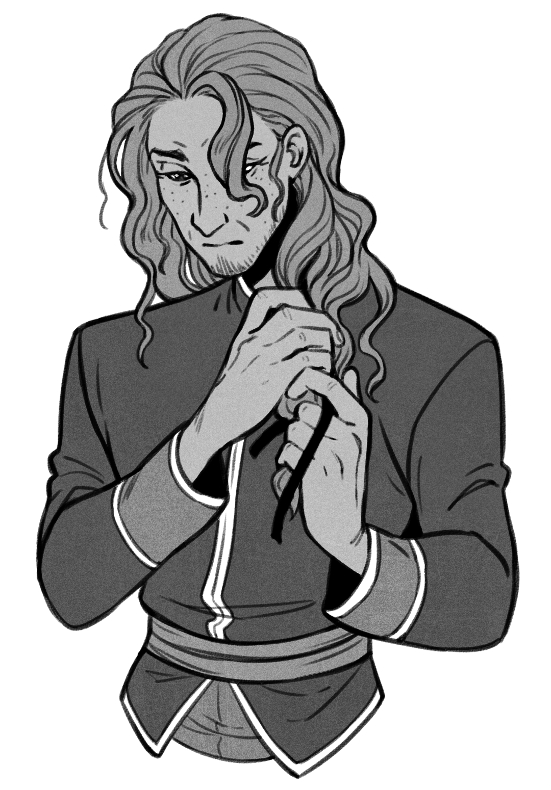 a black and white drawing of a man with long hair, wearing a collared tunic and sash, tying his hair back with a ribbon. he has a serious expression on his face.