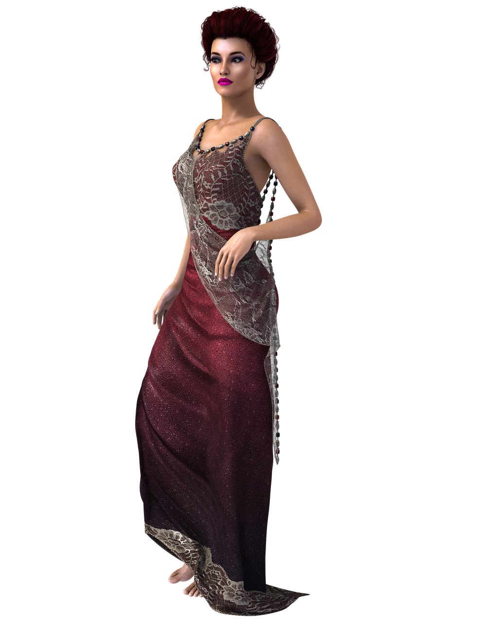 a digitally rendered woman with red hair stands gracefully against a black background. she is wearing a long, flowing gown. the gown has a shimmering red fabric overlayed with delicate lace. the woman's feet are bare, and she is wearing magenta lipstick. the image appears to be a work of digital art.
