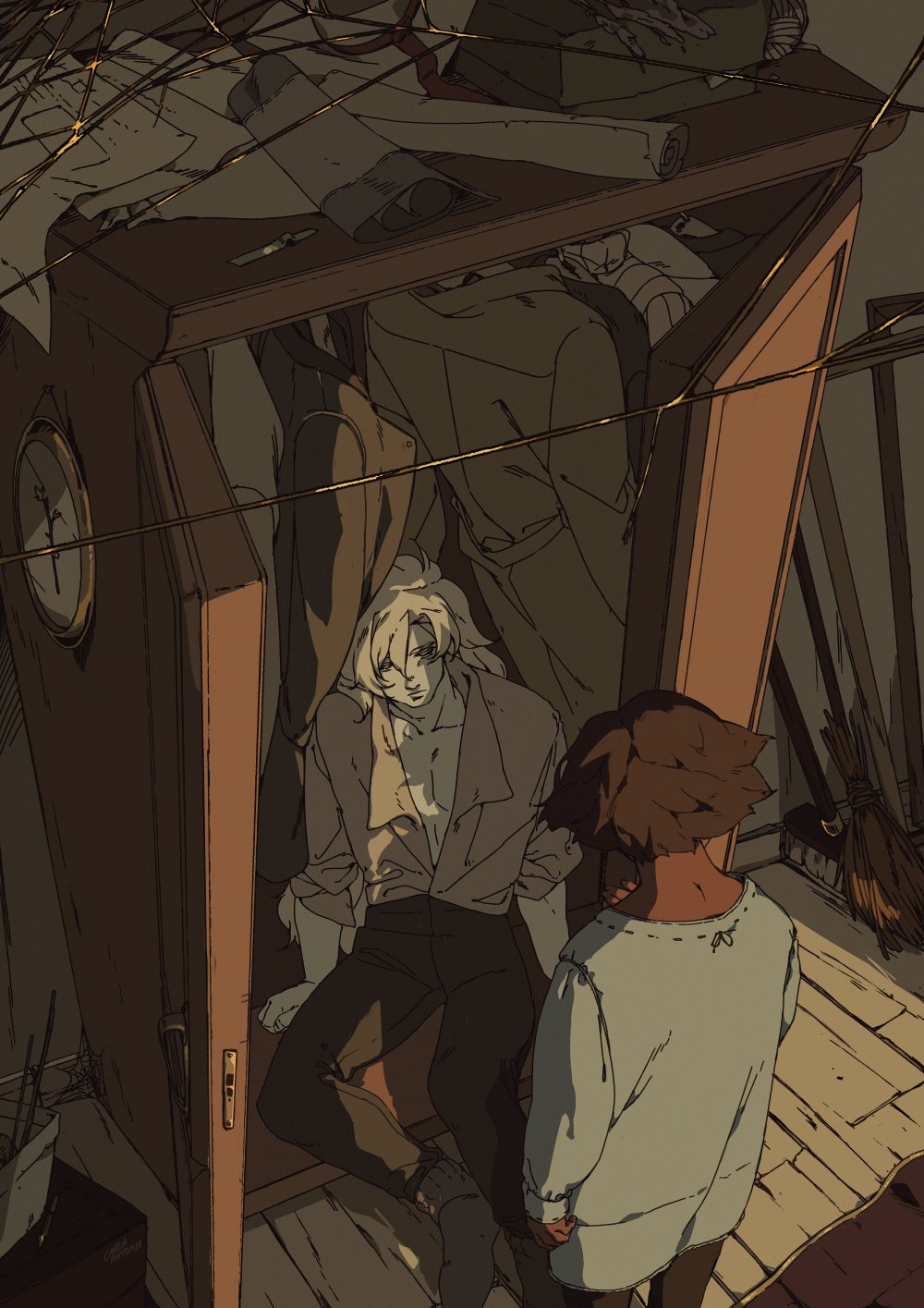 this image features a mysterious and suspenseful scene. a man is sitting inside an old, wooden closet, looking at a woman who is standing outside. the closet is packed with clothes, and the room is dimly lit. the atmosphere is dark and gothic, and there is a sense of mystery and suspense in the air. the woman looks worried, and it seems as though something is amiss.  the artist has used shading and shadow to create a sense of depth and mystery in the image. the image has a vintage feel to it, and it would be wellsuited for a book cover or a movie poster.