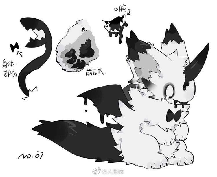 a black and white sketch of a cute furry creature with horns and wings. it has a long tail that ends in a puff of fur, and its paws are also furry. the creature is wearing a bowtie and has dripping goo coming from its horns and wings. it's a character design concept art.