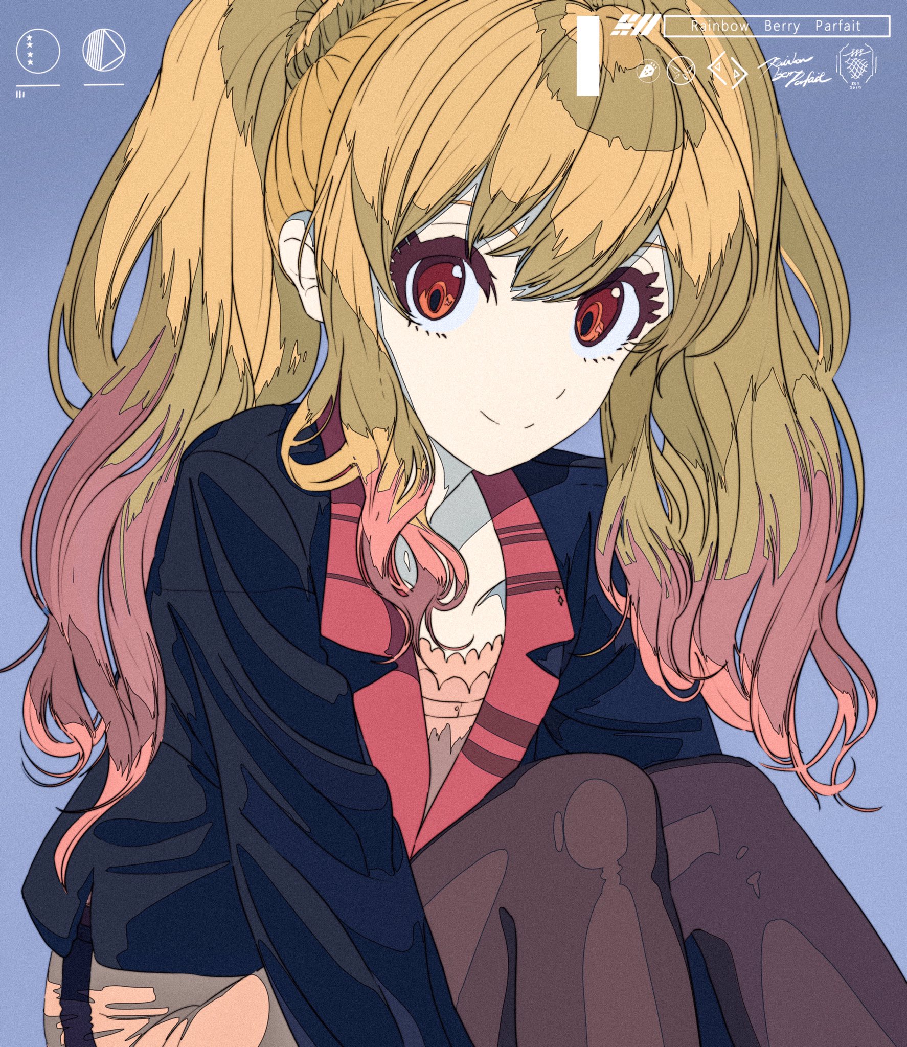 the image is a digital illustration of an anime girl. she has long blonde hair with pink highlights, styled in high pigtails. her eyes are a striking red. she is wearing a darkcolored jacket over a red and white collared shirt, and dark tights. she is sitting in a pose that shows off her outfit. the overall style is cute and stylish. the artwork is colorful and wellexecuted.