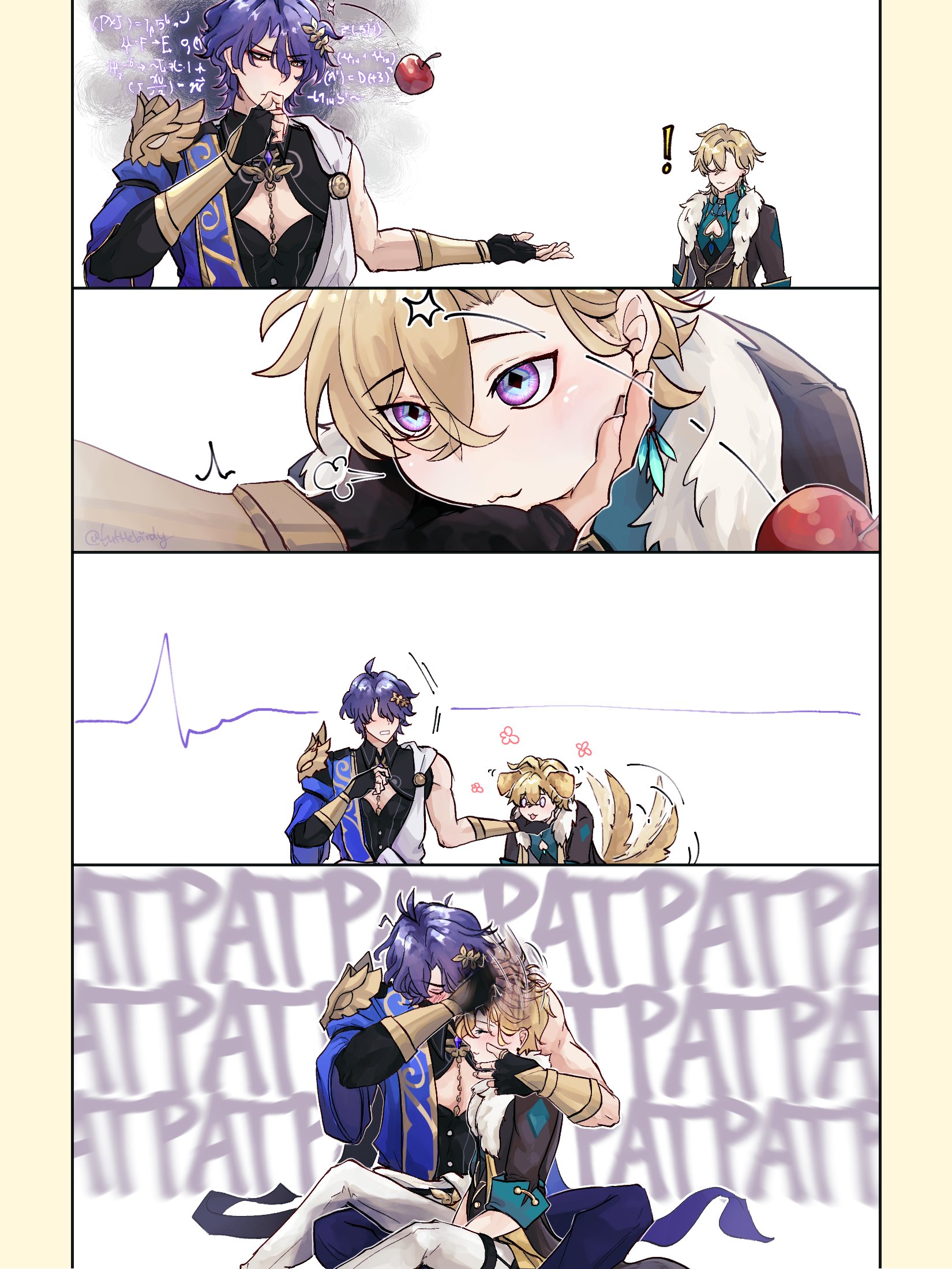 the image is a fourpanel digital fanart comic featuring genshin impact characters scaramouche (wanderer) and albedo.  the first panel shows scaramouche seemingly solving a complex equation while a small apple floats in the air, with albedo watching in the background. the second panel shows scaramouche gently touching albedo's cheek. the third panel depicts scaramouche and albedo, with a smaller albedolike figure (possibly a chibi version) nearby. the final panel shows scaramouche cuddling and showering albedo with affection, with the word "pat" repeated many times in the background. the art style is soft, chibilike, with a focus on cute and romantic interactions between the two characters.  the overall style is anime/mangainspired.