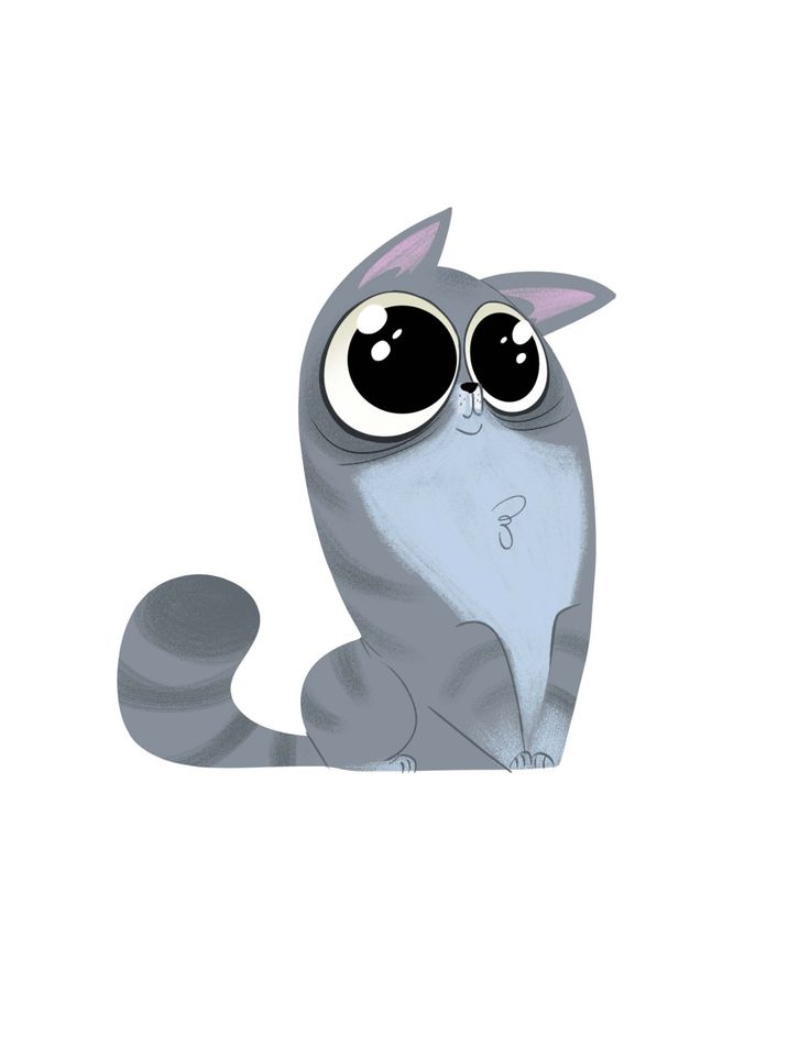 the image is a digital illustration of a gray cartoon cat sitting down. the cat has large, black eyes, gray stripes, and a curled tail. its expression is cute and slightly melancholic. the background is plain white.
