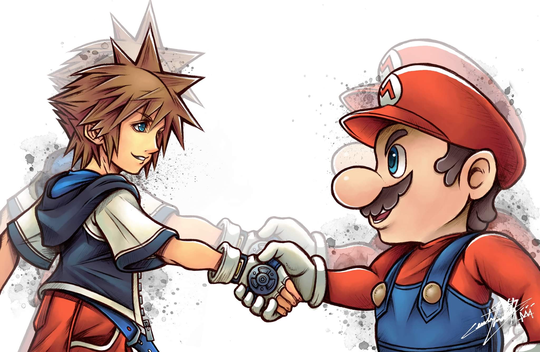 the image showcases a stylized handshake between sora from kingdom hearts and mario from super mario. sora, on the left, extends his hand towards the viewer, while mario, on the right, reaches back with his signature gloved hand. both characters sport friendly expressions, emphasizing the theme of camaraderie. the background is a clean white canvas accented with abstract black and grey splatters, drawing attention to the central handshake. the lighting is soft, with a slight topdown angle, casting subtle shadows that add depth to the characters.
