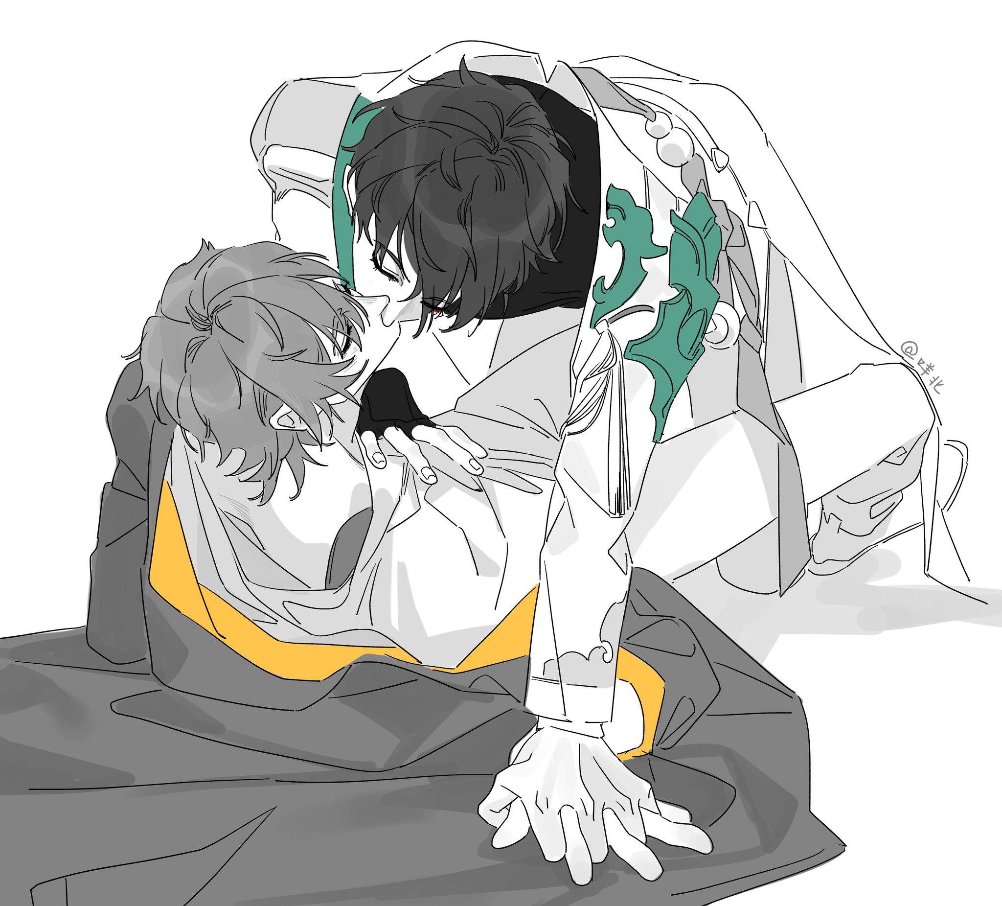 the image depicts a romantic scene between two male anime characters. they are