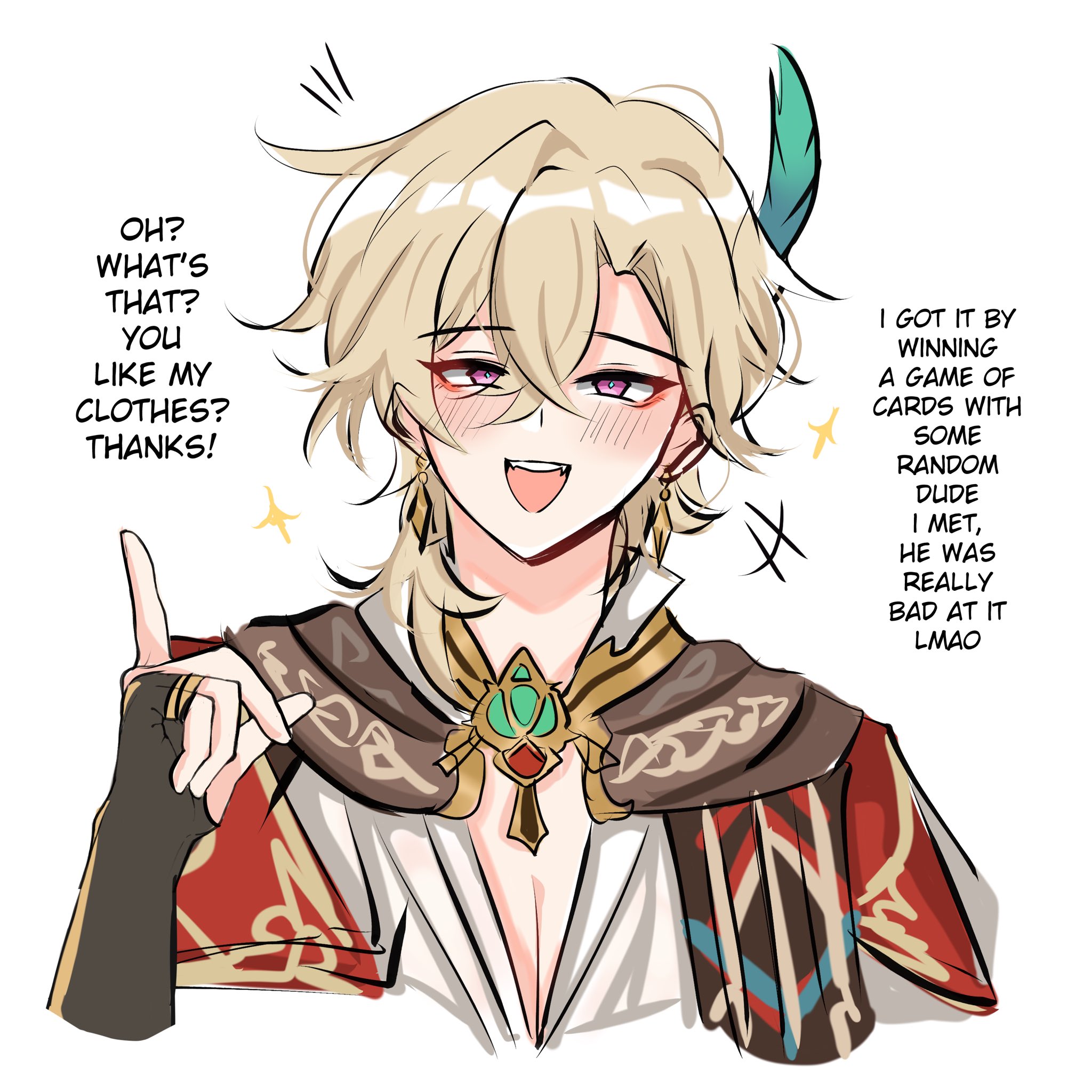 this is a digital illustration of a young anime boy with blond hair who is smiling happily with a blush on his cheeks. he is pointing to himself and seems excited and happy. he is dressed in a red and gold outfit with a large jewel necklace. there are stars around him in the background and text bubbles that describe what happened.