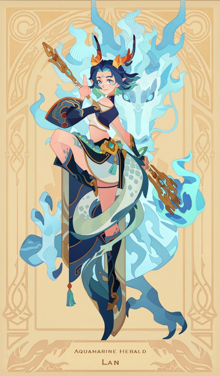 the image showcases a female character with blue hair and horns, possibly inspired by chinese mythology, wielding a polearm. she is dressed in blue, white, and gold, and a spectral dragon appears behind her. the backdrop features a decorative border, suggesting a character card or poster.