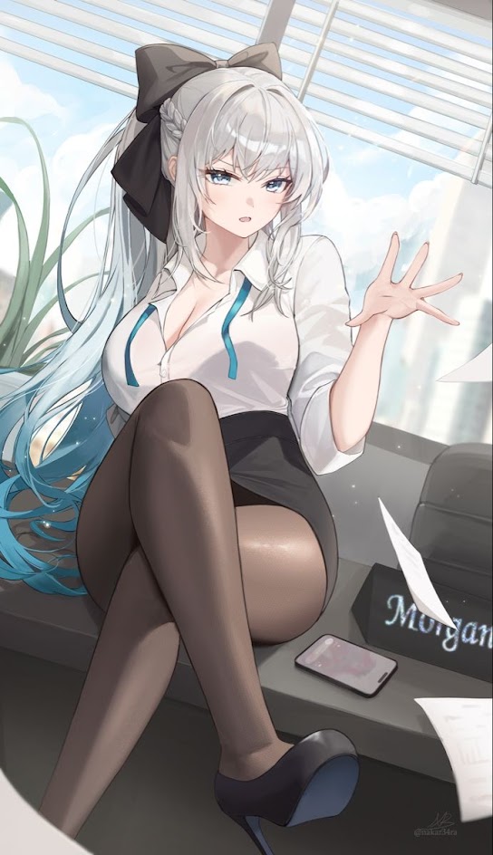 the image is of an anime girl sitting at a desk in an office. she is wearing a white shirt and black skirt with black heels. she has long blue hair and blue eyes. she is holding a phone in her right hand and looking at the camera with a playful expression. papers are scattered on the desk around her. the image has a sexy and playful tone.