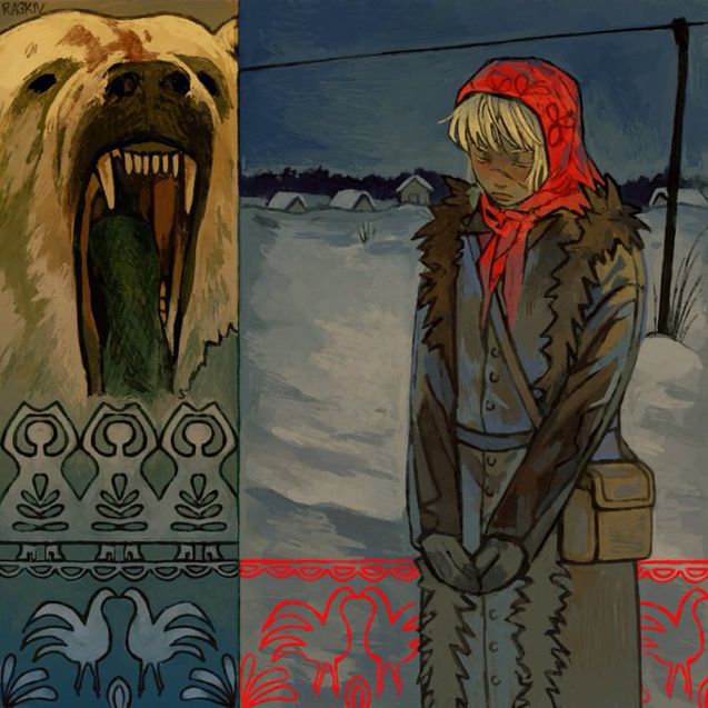 the image is a stylized painting or digital artwork featuring three distinct sections. on the left, a large polar bear with its mouth open dominates the space, its aggressive posture juxtaposed against a section of patterned folk art.  in the center, a young girl, dressed in traditionallooking russian winter clothing—a long coat with fur trim and a vibrant red headscarf—stands pensively in a snowy village landscape.  this central section is painted in a muted palette, creating a somber mood. the bottom of the artwork features additional folk art patterns in blue and red, creating a frame around the central scenes. the overall artistic style blends elements of folk art and a more modern, illustrative approach, suggesting a narrative or allegorical theme exploring themes of nature, isolation, or perhaps traditional versus modern life in a harsh environment.