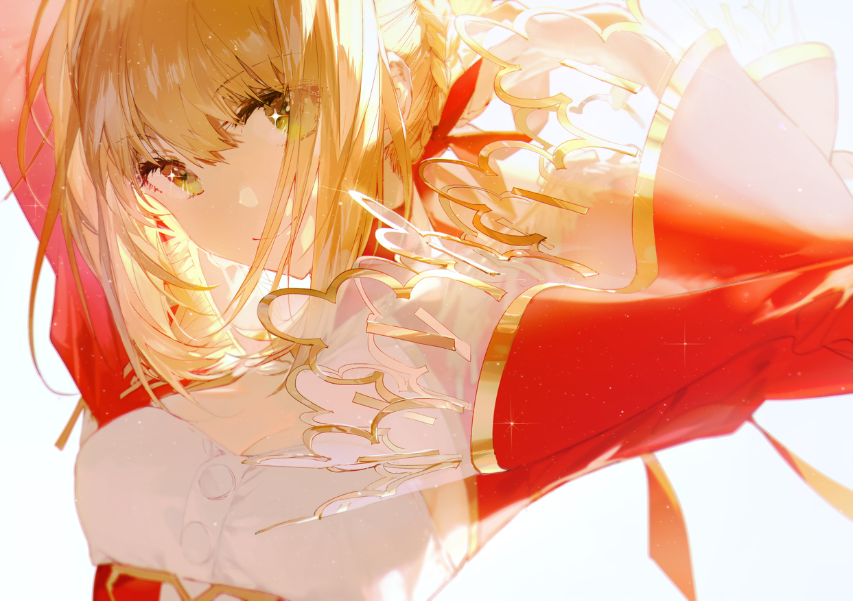 the image is a closeup illustration of an anime girl with blonde hair wearing a red and white dress with golden accents. the lighting is soft and bright, highlighting her features and creating a warm atmosphere. she has a slight smile, adding to her charming appearance. the portrait focuses on her upper body and face, with the dress and hair filling the frame.