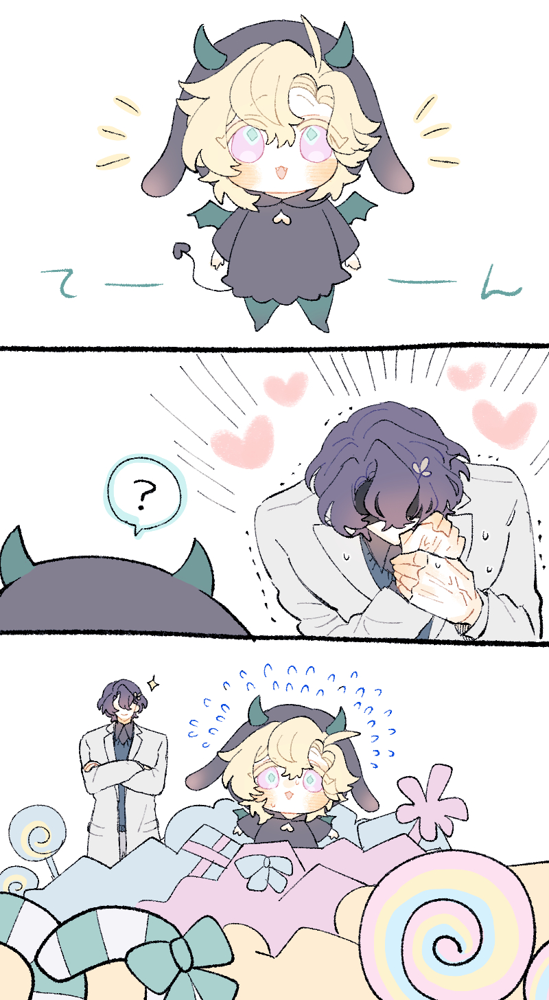 he image is a threepanel comicstyle illustration featuring adorable chibistyle characters.  the first panel shows a small, cute devillike character with blonde hair and horns. the second panel shows a taller character with purple hair, dressed in a lightcolored coat, looking surprised and overwhelmed by hearts floating around him, possibly indicating affection for the devillike character. the third panel depicts the devil character, now seemingly relaxed and surrounded by candy and presents, with a doctor or scientistlike figure standing in the background. the overall style is very soft and pasteltoned, with a focus on cuteness and lightheartedness.