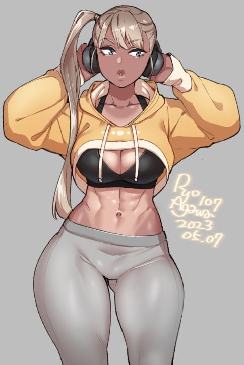 a beautiful anime girl with blonde hair in a ponytail, wearing a yellow hoodie and a black bra, with grey leggings and headphones around her neck. she is showing off her muscular body, with welldefined abs. she looks strong and ready to workout, but also sexy and attractive.