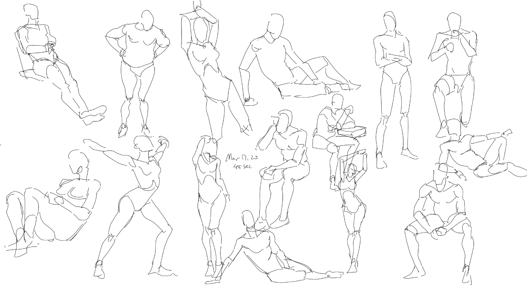 the image is a collection of quick figure sketches, likely life drawings, depicting various poses of human figures done in a minimalist line art style. the sketches showcase the artist's attempt to capture the essence and gesture of each figure.