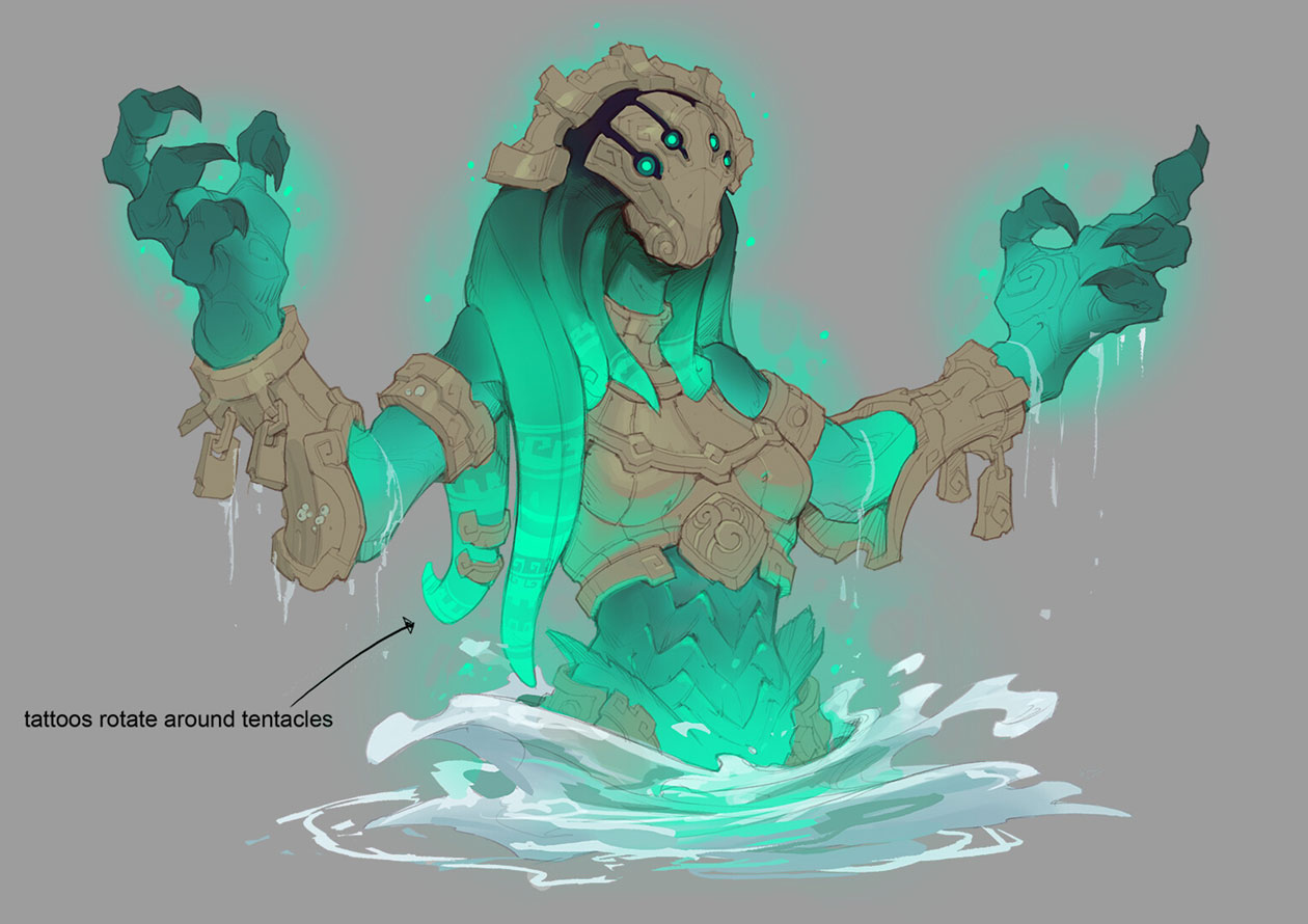the image is a digital painting of a concept art piece depicting a female character.  she appears to be a water deity or aquatic creature, with tealgreen skin and long, flowing tentacles that are part of her body.  she wears ornate, tancolored armor reminiscent of ancient mayan or aztec styles. her hands are clawed and glow with a teal light, as do areas of her body, suggesting a magical or supernatural quality.  the character is partially submerged in water, with splashes visible around her.  the artist has included a small annotation indicating that tattoos on her tentacles rotate. the overall style is fantasythemed, suggesting she could be a character from a video game or animated film.