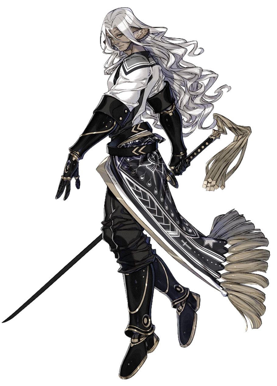 a male fantasy character with long flowing white hair, dressed in an elaborate black and white outfit, stands poised for action. he holds a sheathed sword in his right hand, its intricate design hinting at its power. the character's attire is a striking mix of elegance and practicality, featuring flowing fabrics and detailed armor. his pose and expression convey a sense of confidence and grace. the overall aesthetic suggests a character from a fantasy world, potentially a skilled warrior or swordsman.