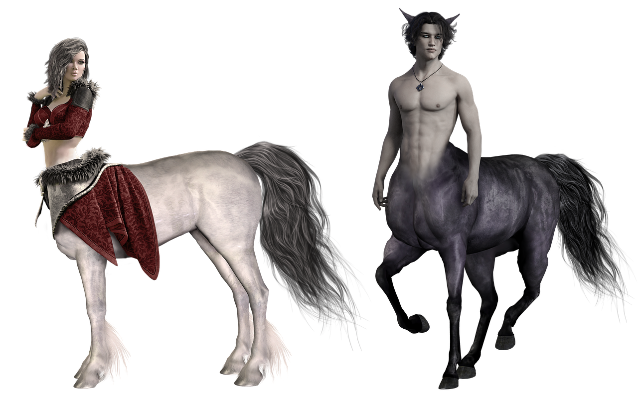 the image depicts two centaurs against a black background. on the left is a female centaur with white horse body and a human upper torso, wearing a red outfit with fur trim. on the right stands a male centaur with a dark gray/black horse body, a muscular human upper torso, and small horns.