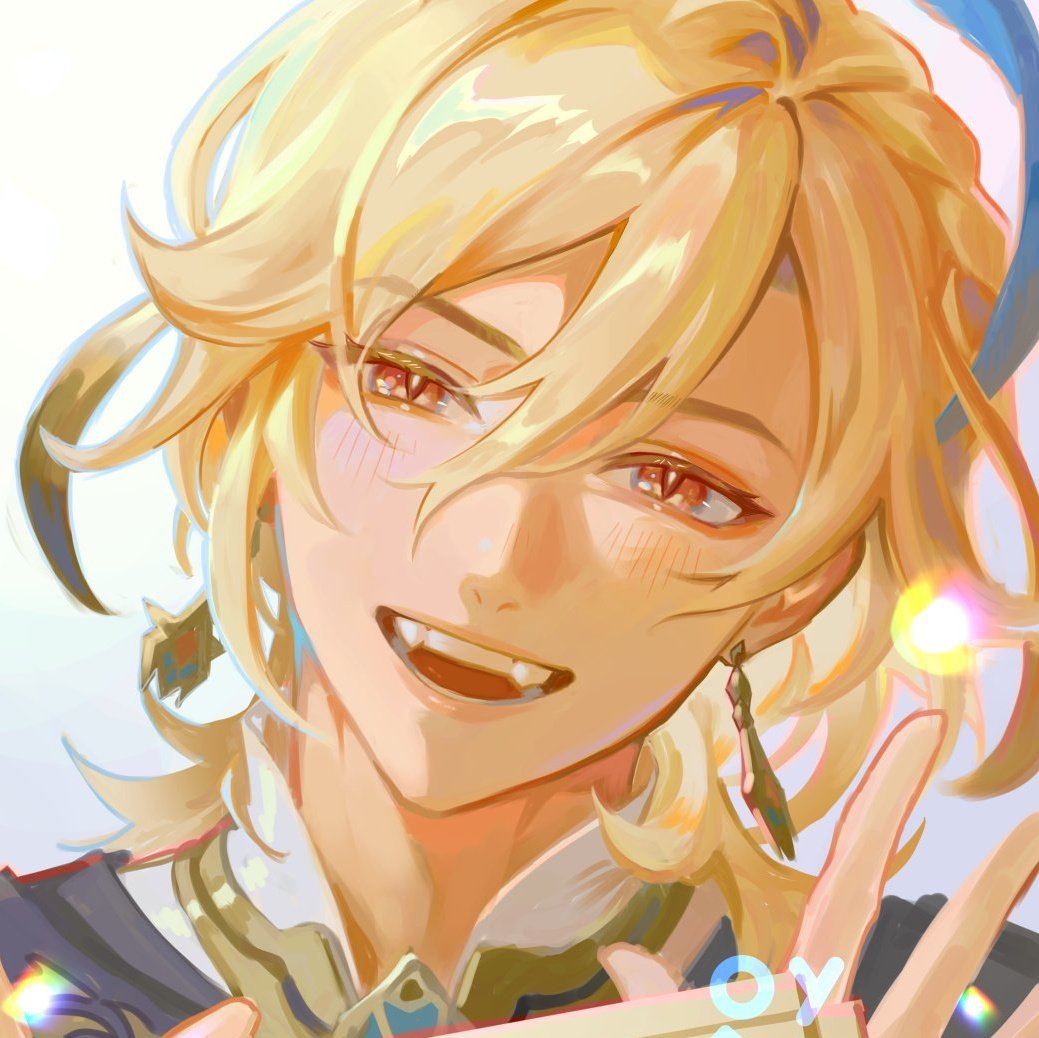 a close up illustration of a blondehaired anime boy with blue eyes. the boy is smiling happily and has a very detailed design. the background is a blur of light and color.