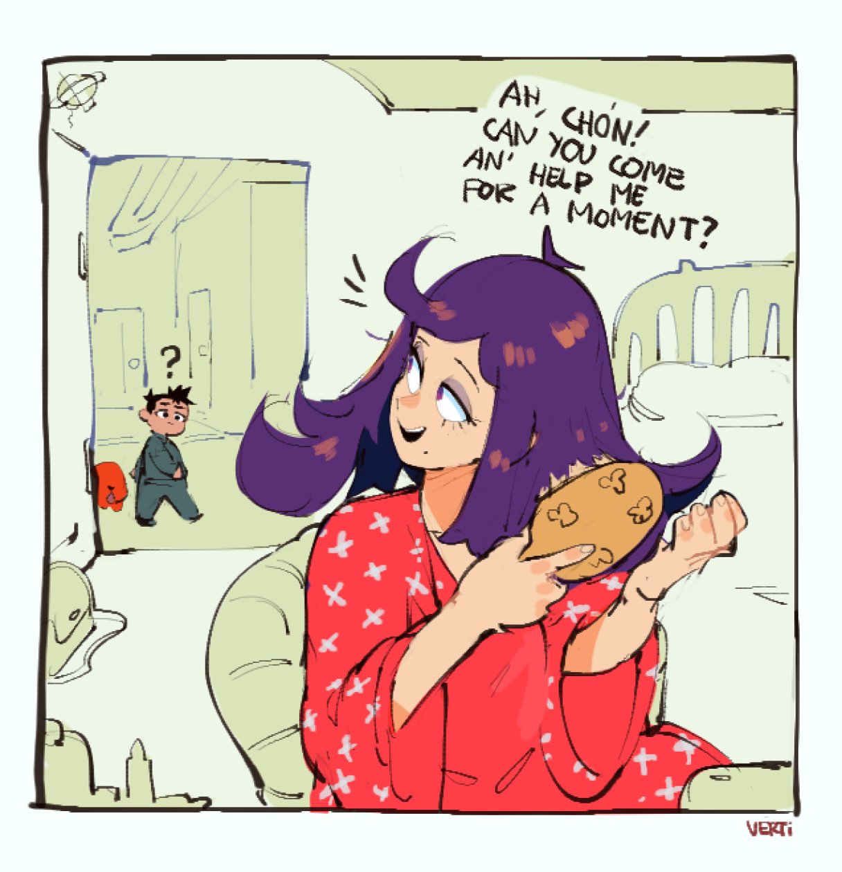 a cartoon image of a woman with purple hair in a red robe, holding a hairbrush while speaking to her friend in the doorway of the bathroom.  the woman's speech bubble is saying, "ah, chón! can you come an' help me for a moment?" the woman's friend is looking at her with an expression of concern.  the background is a bathroom with a mirror, a window and a couch.  the woman's friend is in the doorway.  the image has a light and playful feel.