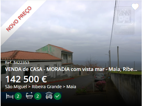 a real estate listing for a house for sale in portugal. the house is a twobedroom house with a garage. it is located in são miguel, ribeira grande,  maia. the house has a view of the ocean. there are flowers and plants in the garden and the sky is cloudy.