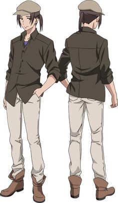 this is a twopanel image of a young adult male anime character with short brown hair pulled back into a small ponytail. the character is wearing a gray newsboy cap, a brown buttondown shirt with the sleeves rolled up his forearms, a bluegreen shirt under the brown one, light brown pants, and brown boots. the image is a character design sheet, showing the front and back of the character. he is slender, with his hands in his pockets in the frontfacing image.