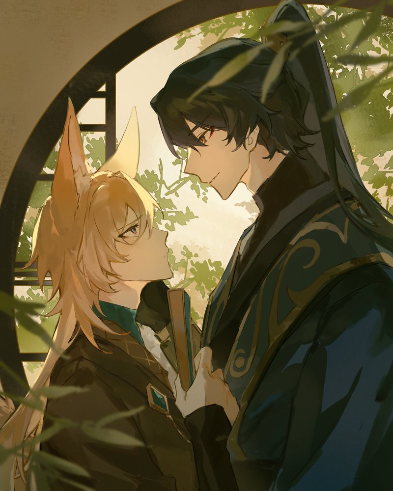 the image shows two people standing in a garden, looking at each other with affection. the person on the left is a man with blonde hair and fox ears, while the person on the right is a man with black hair. the man with black hair is wearing a dark blue robe with gold embroidery, while the man with blonde hair is wearing a brown coat over a white shirt with a blue collar. they are both holding a book in their hands. the image is rendered in a soft and romantic style, and the colors are bright and vibrant. the scene is peaceful and tranquil, suggesting that these two people are deeply in love.