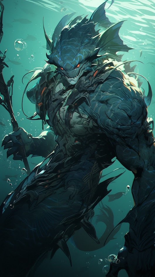 a dark blue and green fantasy creature with a fishlike face and fins swims underwater. the creature is holding a spear in its left hand and has a menacing expression. the background is a dark blue and green water with bubbles.