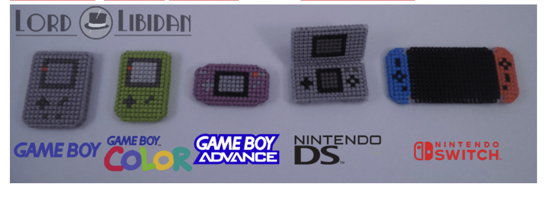 a display of various nintendo handheld consoles, all handmade in plastic canvas. each console features its official branding, with an image of the original console next to it. the consoles are displayed in the order of their release, with the game boy first and the nintendo switch last.