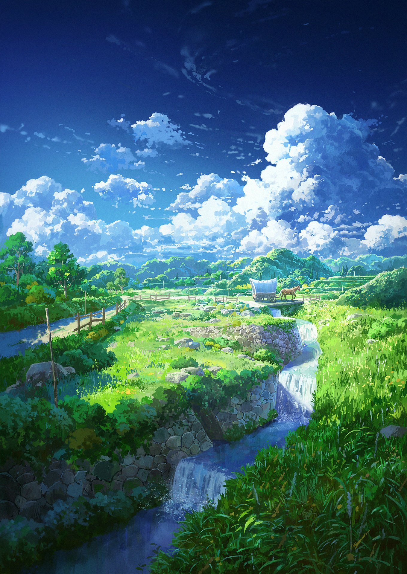 the image is a beautiful landscape painting of a valley with rice paddies. a waterfall cascades down from the mountainside into a river that winds its way through the valley. the sun is shining brightly, and the sky is a brilliant blue. the trees and grass are lush and green, and the air is fresh and clean. this is a place where you can relax and enjoy the beauty of nature.