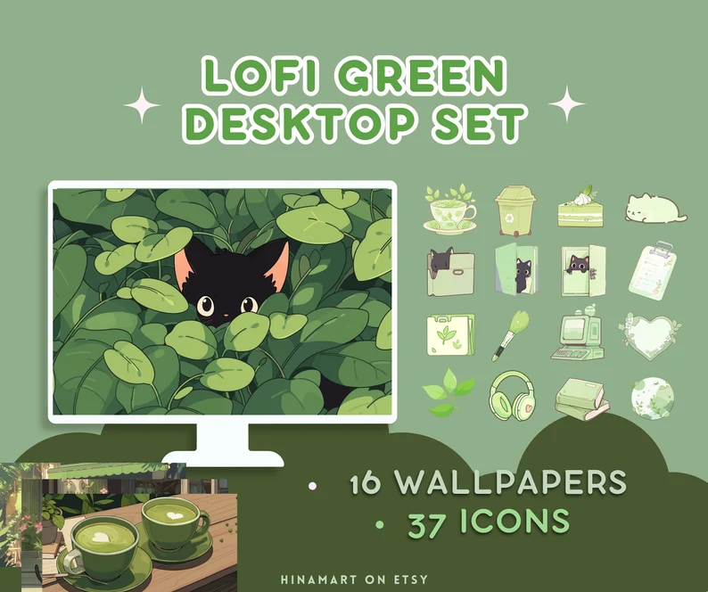 the image showcases a "lofi green desktop set" against a calming green backdrop. the set includes 16 wallpapers and 37 icons, all embodying a soft, natureinspired aesthetic. the central element is a computer monitor displaying a wallpaper of a black cat peering out from lush green foliage. surrounding the monitor are smaller previews of other icons and wallpapers included in the set, featuring items like plants, drinks, stationery, books, and headphones. the overall vibe is cozy and serene, catering to those who appreciate a touch of greenery and tranquility in their digital spaces.