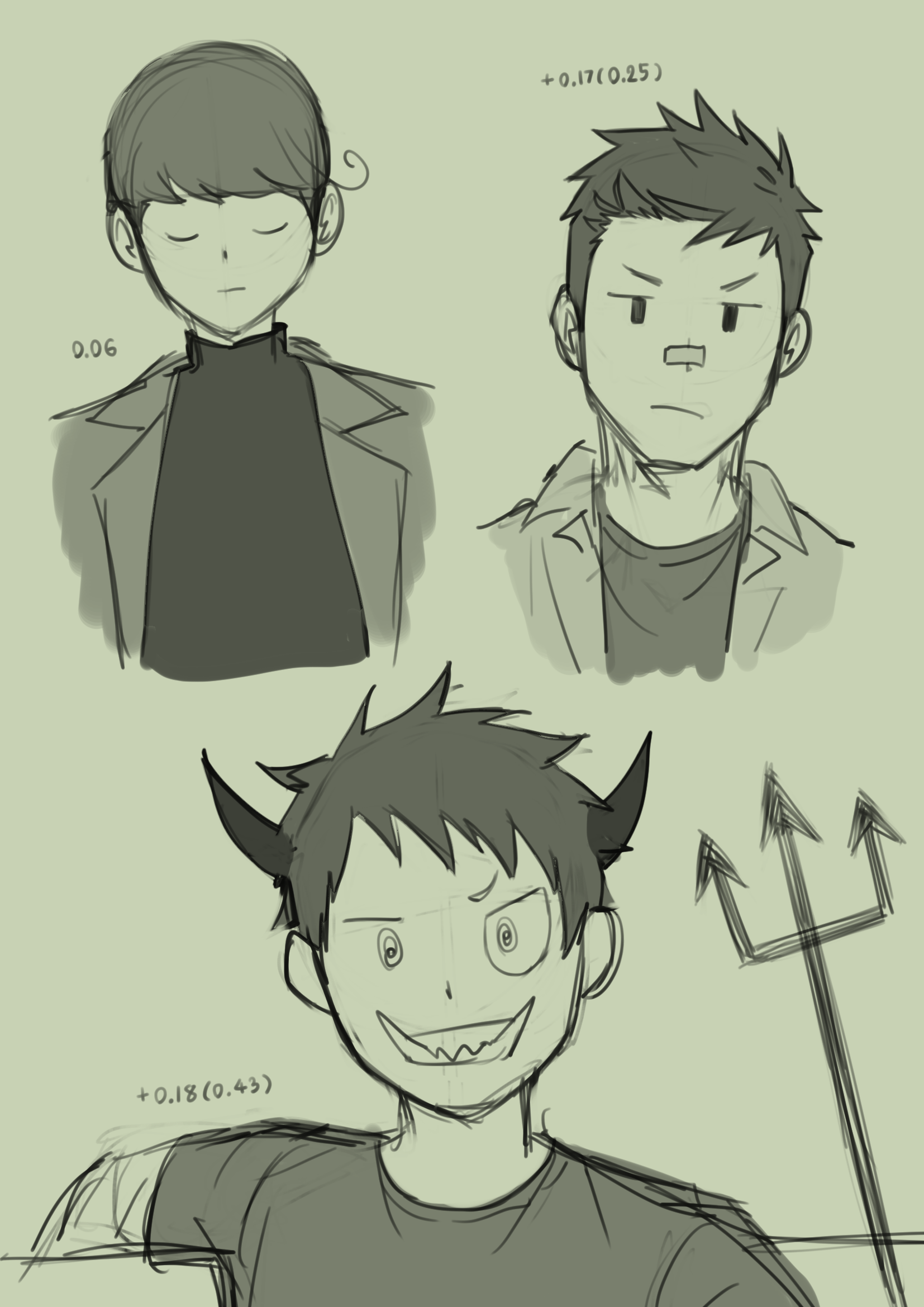 the image contains four sketches of characters. the top left is a girl with short hair wearing a coat, top middle is a boy with short hair wearing a jacket, bottom is a boy with horns and a smirk, and top right is another boy with short hair wearing a jacket.  the sketches are in grayscale and are done in a loose, expressive style. there are also some numerical annotations near some of the characters which may be related to the drawing process.  a trident is drawn near the bottom character.