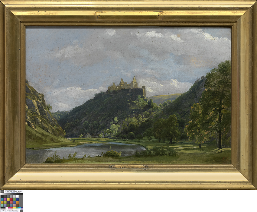 the painting depicts a landscape with a castle on a hill, a lake, trees, sky, and clouds. the painting is in a golden frame.