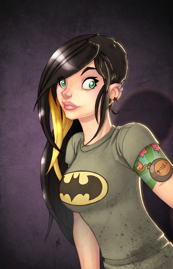 an animestyle drawing of a young woman with black and yellow hair, green eyes, wearing a batman tshirt and having a bomb tattoo. she also has piercings on her ear.