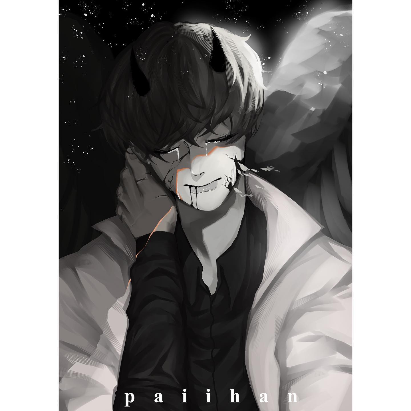 a monochrome anime illustration of a boy with demon horns, crying tears, and looking sorrowful. the image is drawn in a manga style with dramatic shading and lines.