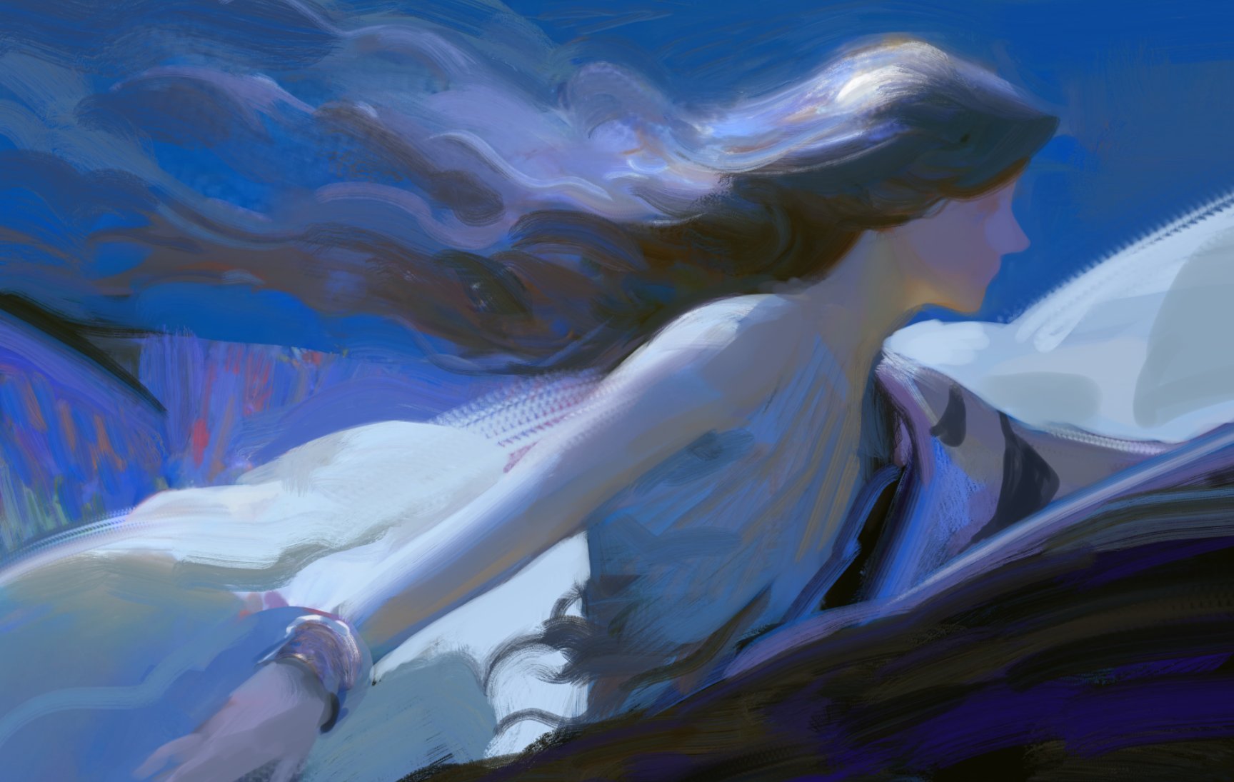 a woman with flowing blue hair is submerged in water, the background is also a swirling blue. the image is painted in a soft and abstract style, giving it a dreamy and ethereal feel. the woman's face is partially obscured, adding to the mystery and allure of the piece.
