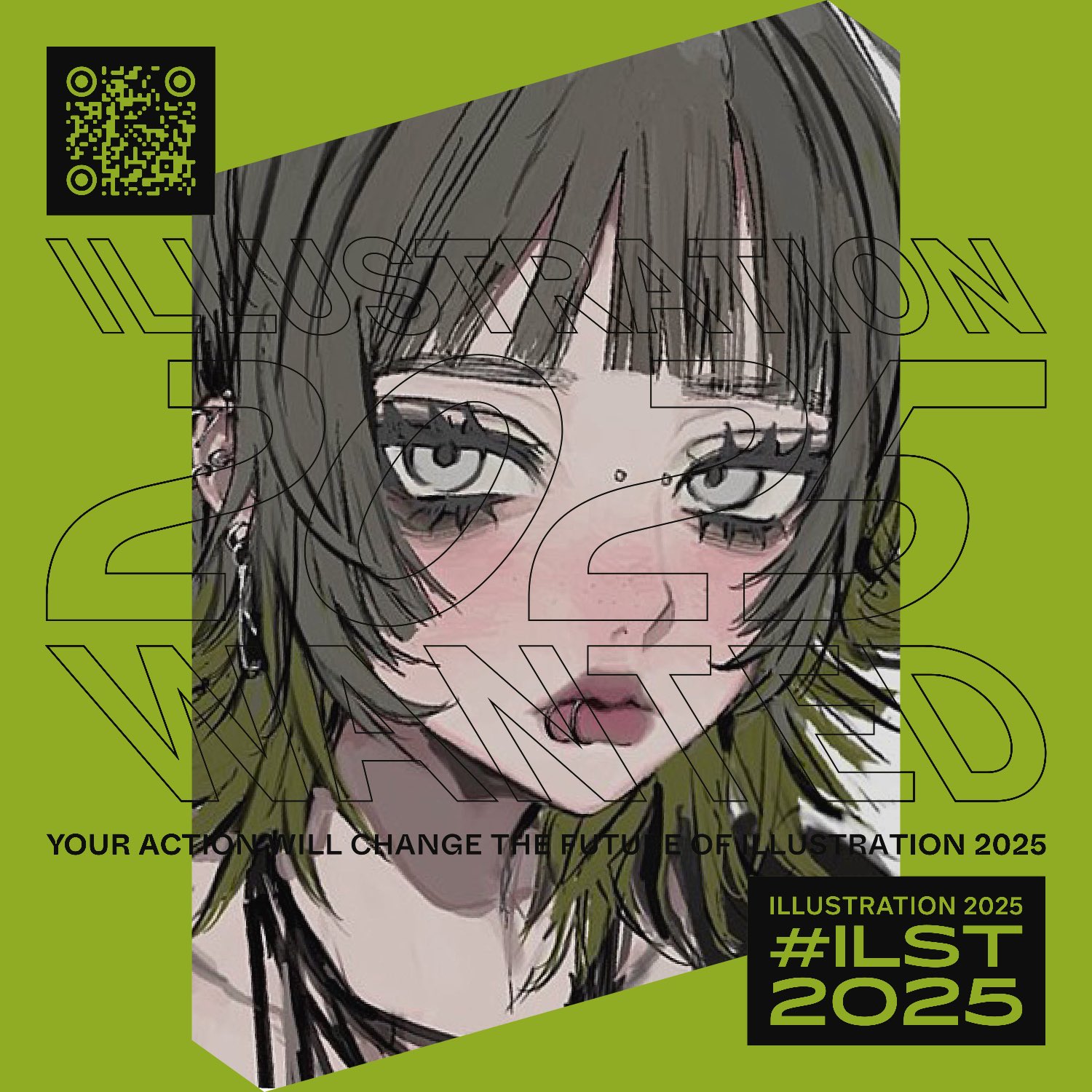 the image is a promotional poster for an illustration contest or event in 2025.  it features a stylized anime or mangastyle girl with dark hair and expressive eyes. the design is edgy and modern, utilizing a green color palette and bold typography.  the text "illustration 2025 wanted" is prominently displayed, along with the hashtag #ilst2025 and a qr code, likely linking to more information about the event.  a smaller text blurb states "your action will change the future of illustration 2025," signifying a call to action for participation in the competition. the overall aesthetic is dark and stylish, intended to attract artists and design enthusiasts.