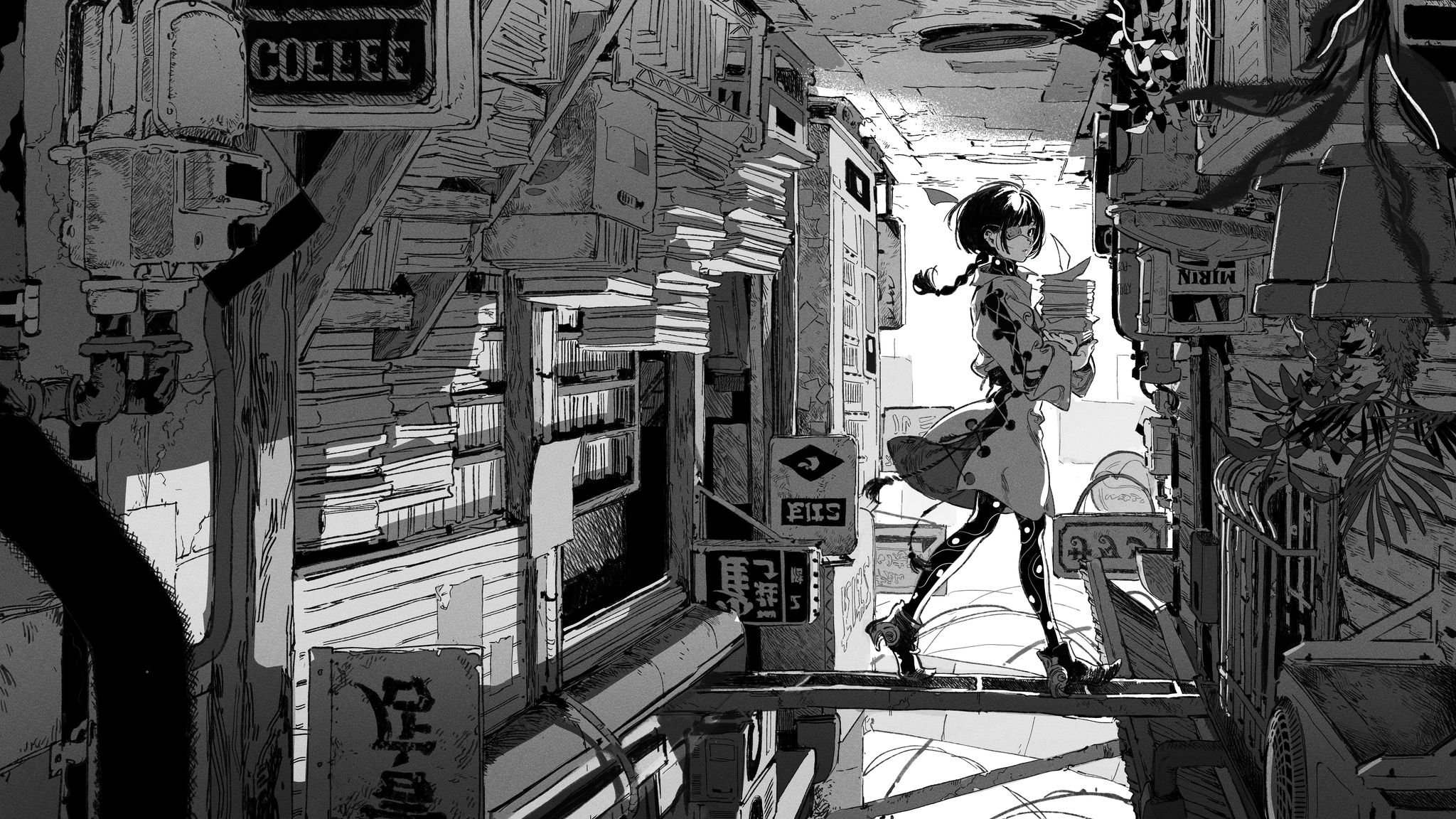 a black and white illustration of a young woman walking through a bustling city street. the woman is dressed in a long coat and has her hair pulled back. the street is lined with shops and cafes, and there are many bookshelves in the background. the scene is reminiscent of a manga or anime style.