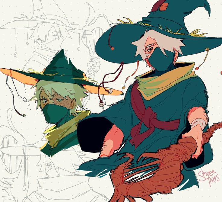 this is a digital illustration of an anime male character dressed as a wizard. he has white hair and is wearing a blue and green cloak with a large green hat. he is holding a staff with a red and brown claw at the end. there are several sketches of him in the background of the drawing as well.