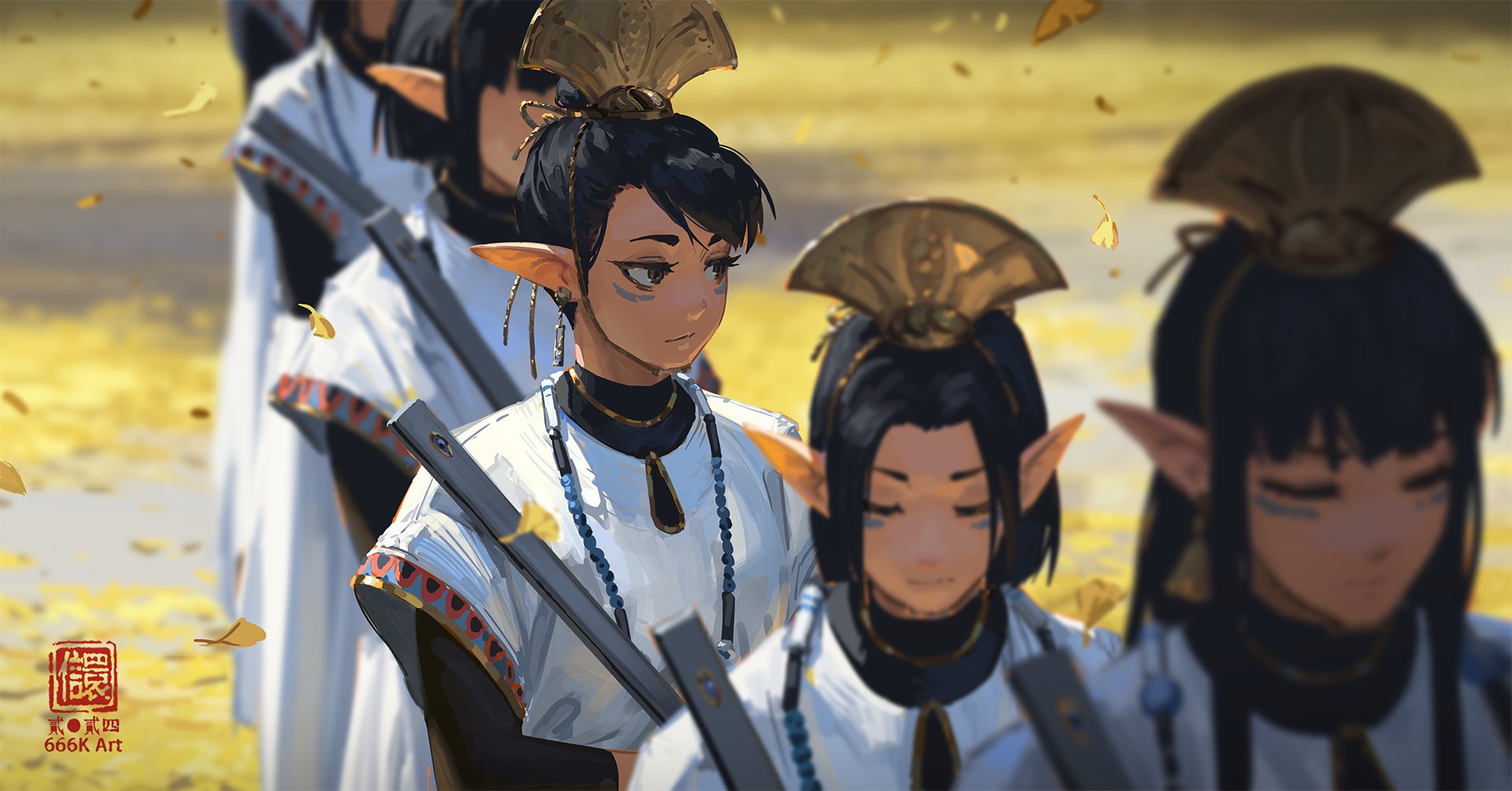 he image is a digital painting depicting a group of female elves in white and gold military uniforms. they are standing in a line, seemingly in procession.  fallen golden leaves are scattered in the background. the focus is on a central elf with dark hair, who looks serious and slightly melancholic. the other elves are blurred, drawing attention to the figure in the foreground. the style is reminiscent of fantasy art with elements of eastern influence in the headdresses and clothing design.  a watermark with the artist's name/handle is visible in the bottom left.