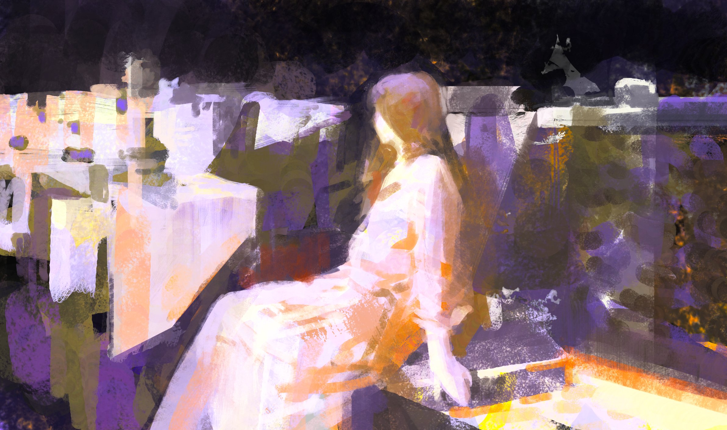 a digital painting of a woman in a white dress sitting on a rooftop. the background is a cityscape with buildings and streetlights. the painting is abstract and stylized, with brushstrokes creating a sense of movement and depth.