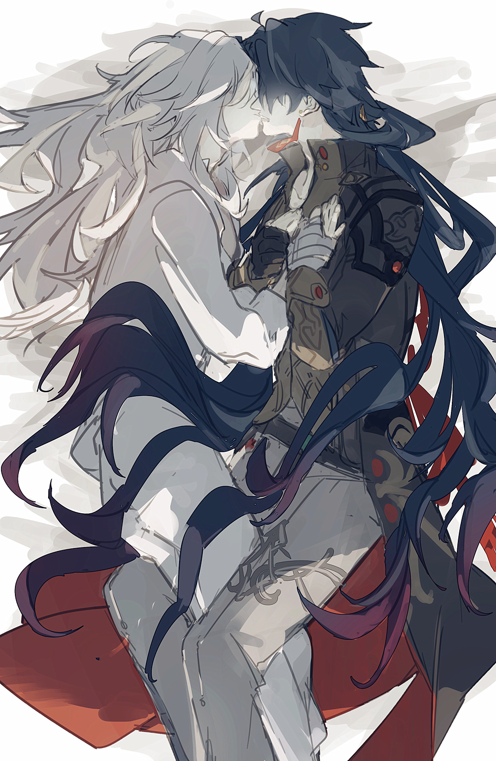 the image is a digital drawing of two anime characters, one with long white hair and the other with long black hair. they are embracing each other and kissing. the whitehaired character is wearing a white shirt and pants, while the blackhaired character is wearing a black shirt and pants with red accents. the image is set against a white background. the image has a soft and romantic feel.